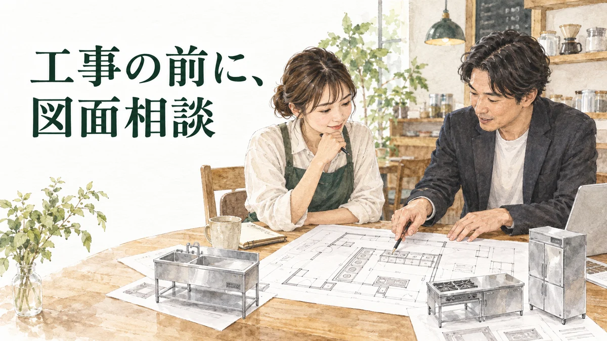 飲食店の営業許可に向けて、工事前に厨房の図面を相談するイラスト