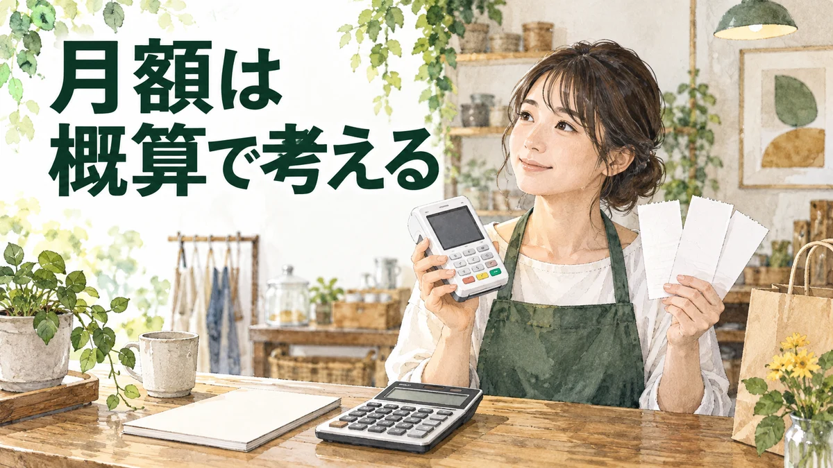 Squareの手数料の月額概算を考える、決済端末と計算機のイラスト。実機の写真ではありません